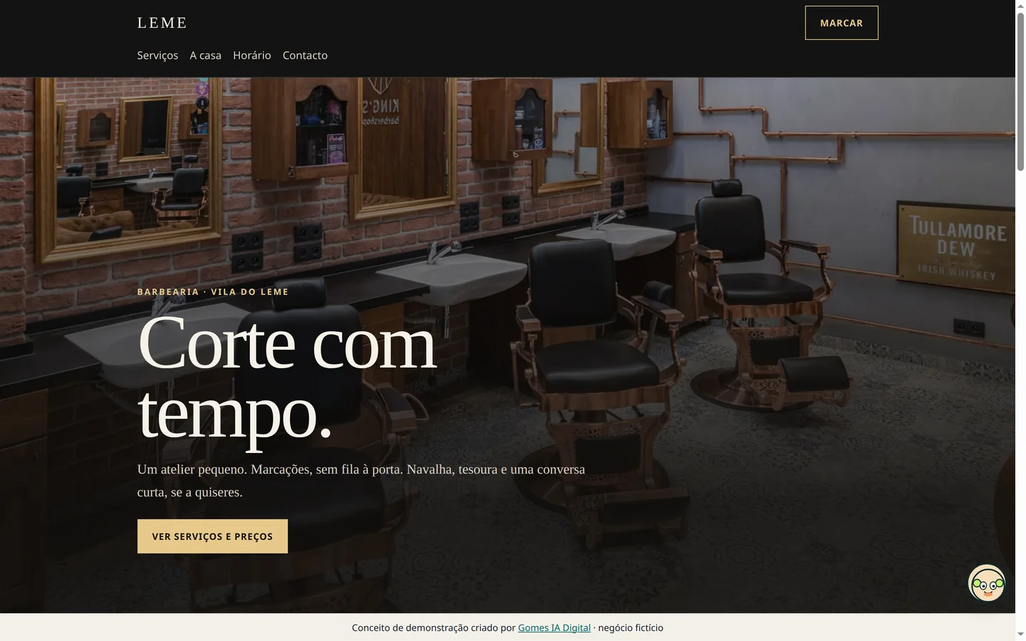 Página inicial do conceito fictício Barbearia Leme.